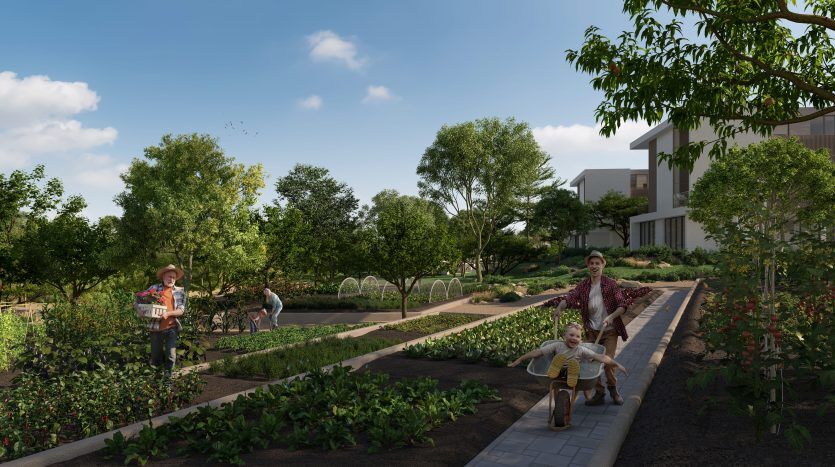 Une scène de jardin communautaire dynamique à Dubaï, avec diverses personnes engagées dans le jardinage et profitant du plein air. Un enfant monte un cheval jouet sur un sentier, les adultes s'occupent des plantes et une verdure luxuriante les entoure