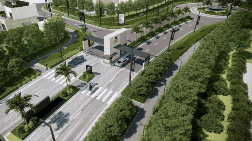 Rendu en plongée d'une station-service moderne avec plusieurs pompes et un dépanneur, entourée d'espaces paysagers avec des palmiers et un passage piéton, idéal pour investir à Dubaï.