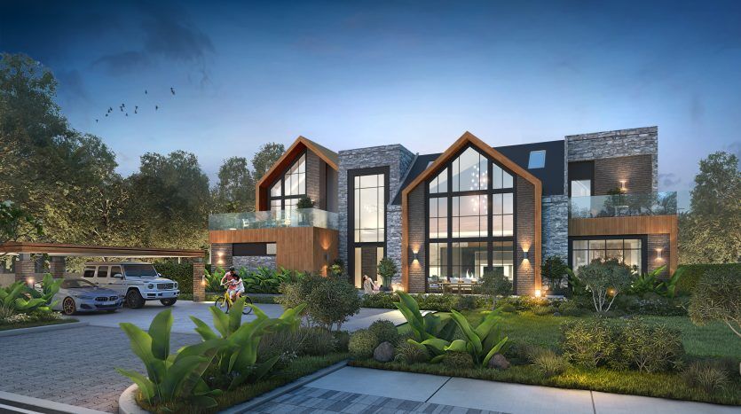 Une villa de luxe moderne à Dubaï au crépuscule, dotée de grandes fenêtres en verre, de plusieurs toits pointus et d'un éclairage extérieur. Une pelouse bien entretenue et une allée avec des voitures garées renforcent l'attrait contemporain de la maison.