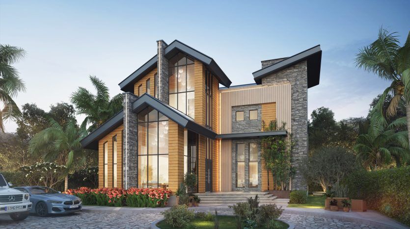 Une villa moderne de deux étages à Dubaï avec de grandes fenêtres, un extérieur en bois et en pierre et un jardin paysager avec une allée circulaire et une voiture garée.