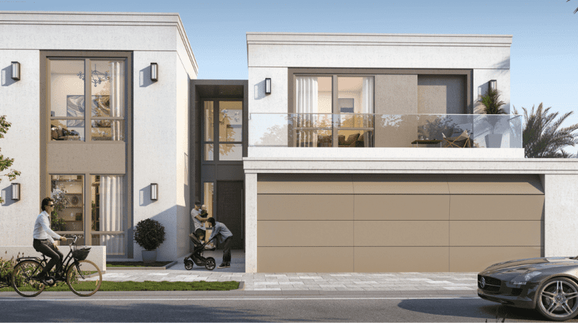 Texte alternatif : une villa moderne à deux étages à Dubaï avec une grande porte de garage, un balcon et des balustrades en verre. Une personne fait du vélo tandis qu'une autre pousse une poussette, avec une voiture garée à l'intérieur.