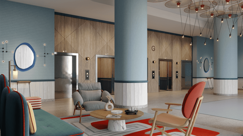 Un hall d'entrée d'hôtel moderne et élégant à Dubaï avec des meubles colorés, des tapis géométriques, des miroirs ronds au mur et un système d'éclairage de plafond unique et complexe. Le décor comprend des panneaux de bois et des colonnes carrelées.
