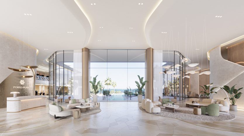 Lobby d'hôtel luxueux au design moderne avec sols en marbre, élégants coins salons ronds, cloisons en verre et vue panoramique sur les palmiers à travers de grandes fenêtres. Une palette de couleurs neutres avec un éclairage sophistiqué, incarnant