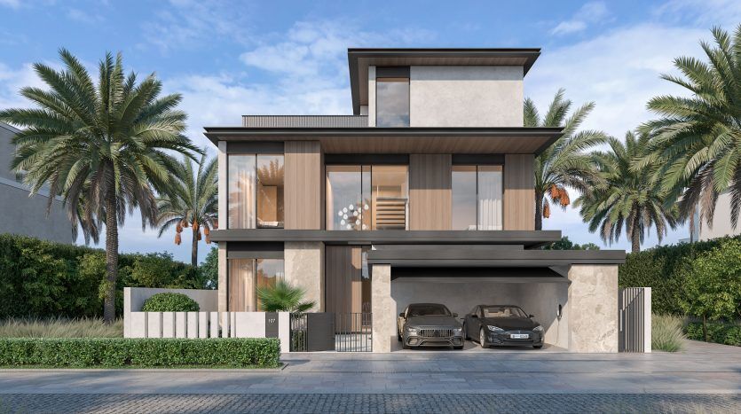 Maison de luxe moderne de deux étages avec un toit plat à Dubaï, dotée de grandes fenêtres, d'un balcon et d'un abri avec deux voitures garées. Aménagement paysager de palmiers et d'arbustes sous un terrain dégagé