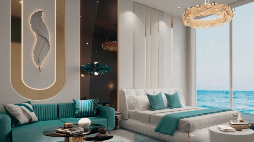 Une chambre moderne avec un éclairage design, un lit moelleux et une vue sur l'océan. La pièce comprend des accents bleu sarcelle, des suspensions élégantes et un style architectural élégant dans un appartement de Dubaï.