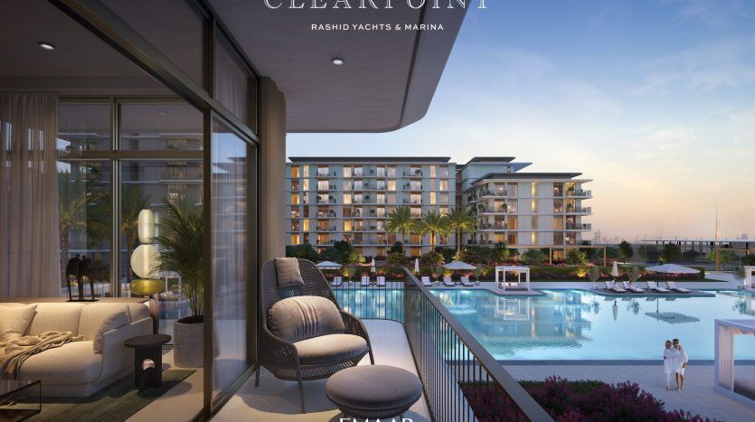 Luxurious balcony view of a marina with yachts, surrounded by modern residential buildings, pools and lush landscaping at sunset, with "clearpoint, rashid yachts &amp; marina, em
