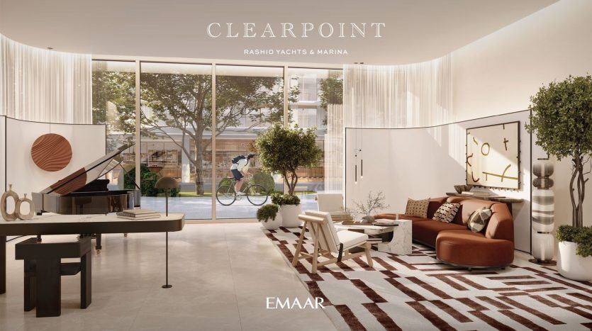 Interior view of a luxurious villa in Dubai with modern furnishings, including a grand piano and elegant decor, large windows overlooking a sunny outdoor scene with a cyclist.