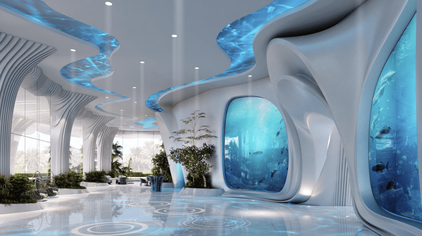 Environnement aquatique intérieur futuriste à Dubaï avec une architecture fluide blanche et bleue, comprenant des murs incurvés, des hublots affichant des scènes sous-marines et des sols réfléchissants.