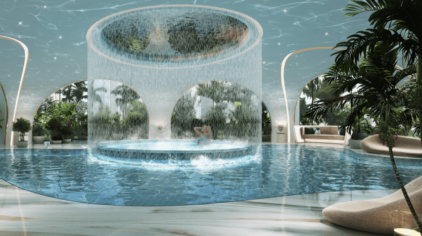 Piscine intérieure futuriste dans une villa de Dubaï avec une cascade cylindrique transparente entourée d'une verdure luxuriante et d'un mobilier élégant et moderne sous un plafond doux filtré par la lumière du jour.