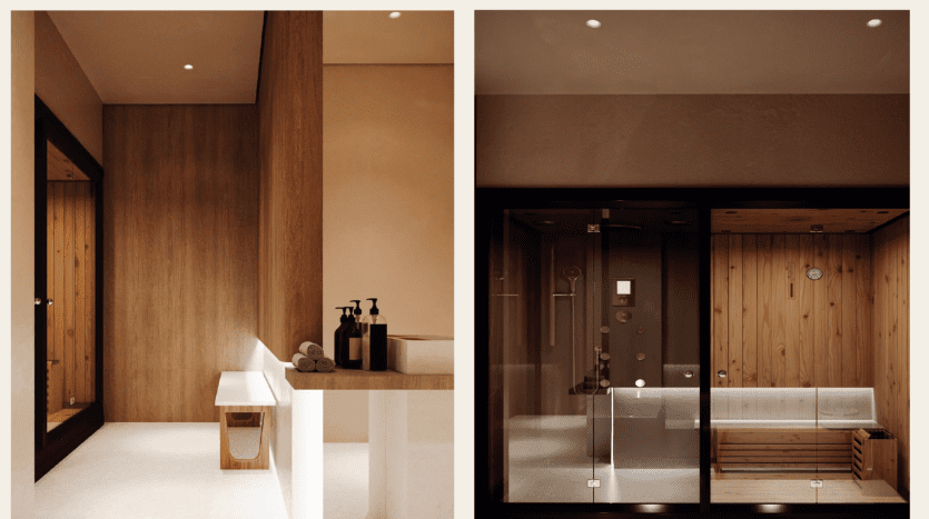 Images côte à côte d'une salle de bains moderne présentant un immeuble d'investissement à Dubaï sur le thème du bois. La gauche montre un espace lavabo minimaliste, la droite une cabine de douche en verre et un sauna en bois.