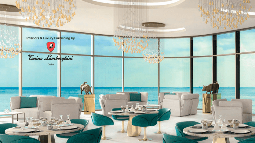 Salle à manger de luxe avec vue panoramique sur l'océan, dotée d'élégants meubles blancs et turquoise, de lustres élaborés et d'une bannière Tonino Lamborghini Casa dans une villa exquise à Dubaï.