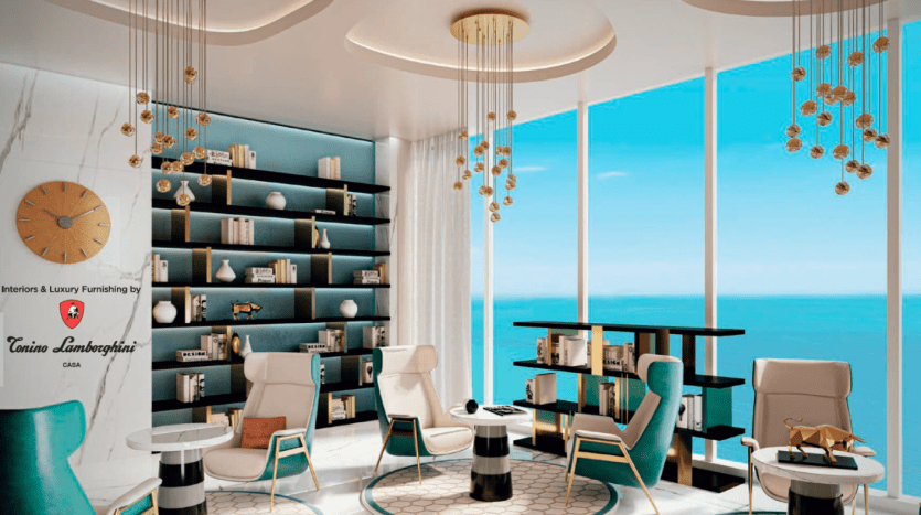Salon de luxe moderne dans un appartement de Dubaï surplombant l'océan, doté d'un mobilier élégant, de fenêtres pleine hauteur et de luminaires artistiques, en mettant l'accent sur des étagères élégantes et des sièges confortables.