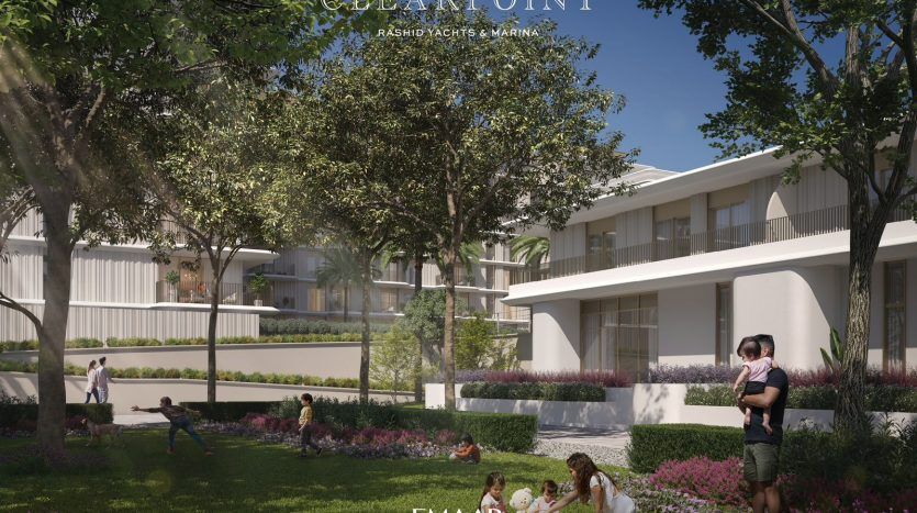 Architectural rendering of a modern residential development named Clearpoint, with lush gardens, families enjoying outdoor activities and elegant white villas in the background.