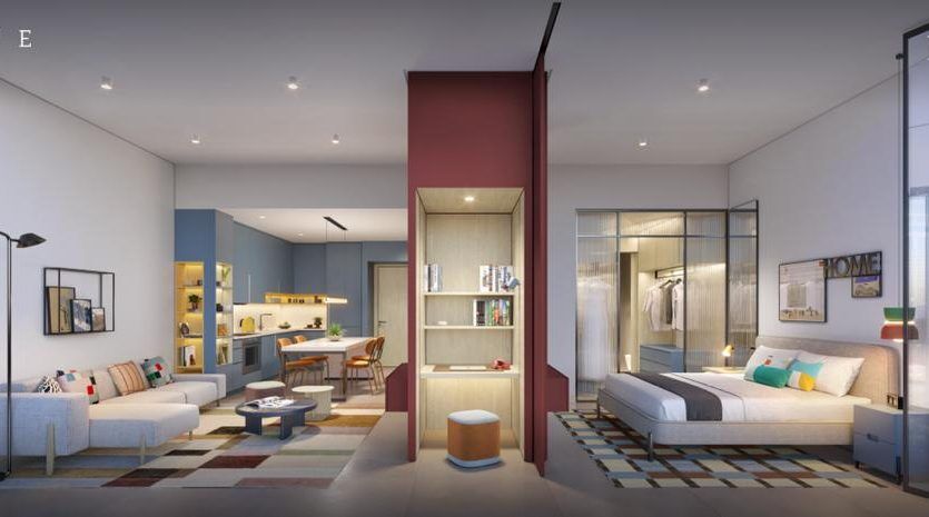 Un rendu architectural d'un studio-villa moderne à Dubaï comprenant des espaces de vie, de cuisine et de chambre distincts avec un mobilier contemporain et une lumière naturelle abondante.