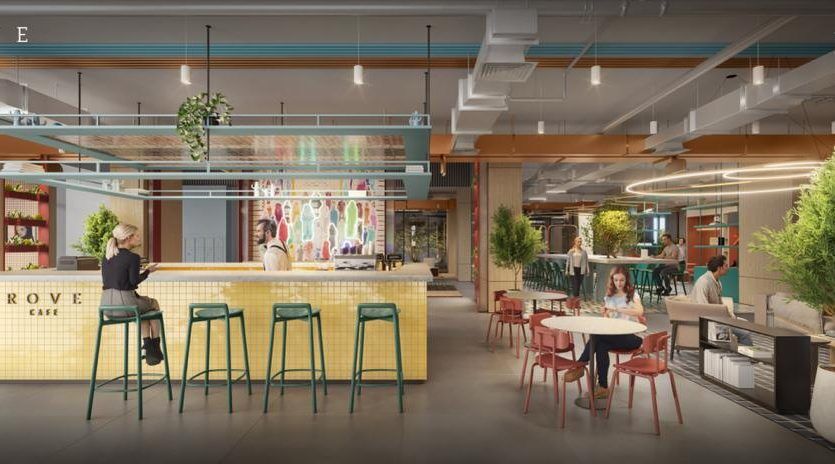 Intérieur de café moderne et élégant à Dubaï avec un décor vibrant, comprenant un espace bar avec des tabourets, plusieurs configurations de sièges, des plantes vertes et des gens qui profitent de leur temps.