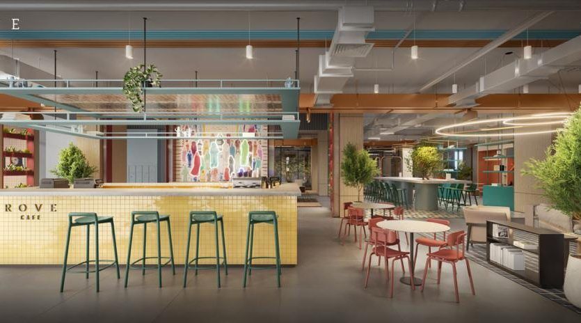 Un intérieur de café moderne et spacieux avec des zones distinctes, dont un bar avec de hauts tabourets, des salles à manger décontractées avec des styles de sièges mixtes et des plantes vertes améliorant l'ambiance. Décor élégant avec un éclairage suffisant, idéal pour tous