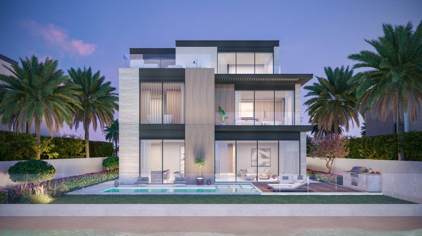 Maison moderne à deux étages à Dubaï avec de grandes fenêtres, entourée de palmiers et de jardins paysagers, avec une piscine au premier plan au crépuscule.