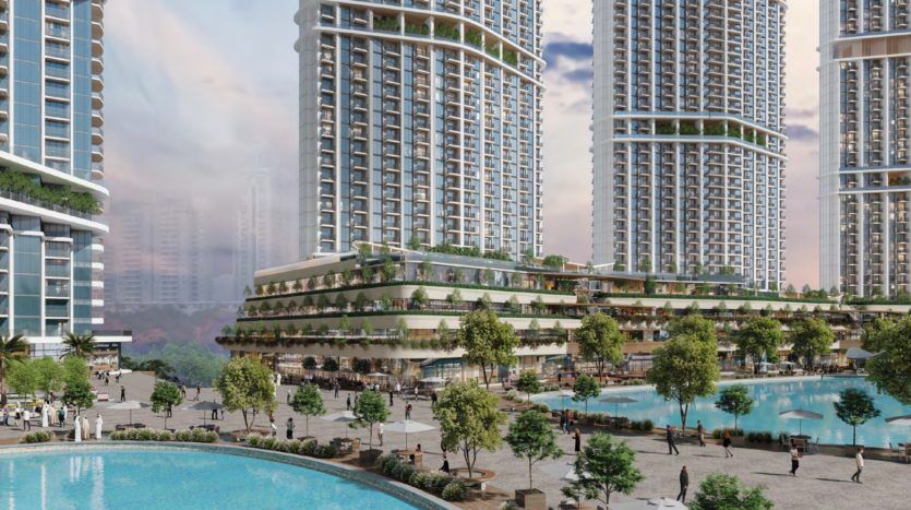 Illustration d'un développement urbain moderne à Dubaï comprenant de hautes tours résidentielles avec des terrasses vertes, entourant une place centrale animée avec des piscines, des arbres et des piétons.