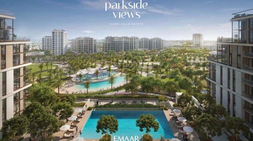 Vue aérienne d'un développement résidentiel de luxe à Dubaï comprenant des bâtiments modernes entourant une piscine centrale, des espaces verts luxuriants et un horizon urbain en arrière-plan.
