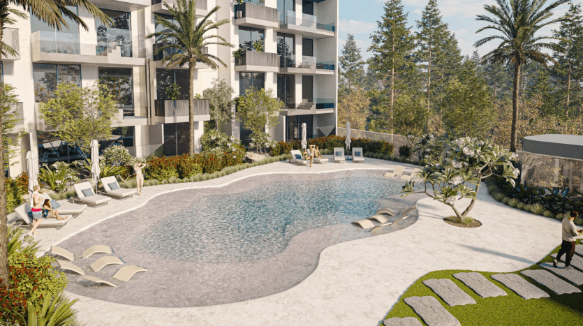 Villa résidentielle luxuriante à Dubaï présentant une piscine courbée de forme naturelle entourée de palmiers, de chaises longues et de résidents profitant des commodités par une journée ensoleillée.