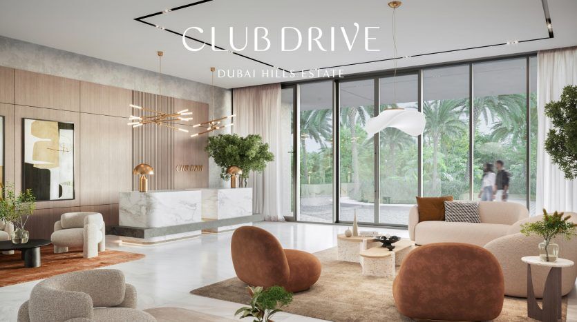Un coin salon moderne et luxueux dans la Villa Dubai, Dubai Hills Estate, doté d'un mobilier élégant, d'accents en marbre et de grandes fenêtres donnant sur la verdure.