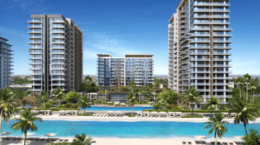 Une image représentant trois immeubles modernes de grande hauteur entourant un grand lagon artificiel avec des palmiers et des chaises de plage sous des parasols, représentant un cadre luxueux semblable à celui d'un complexe tropical à Dubaï.