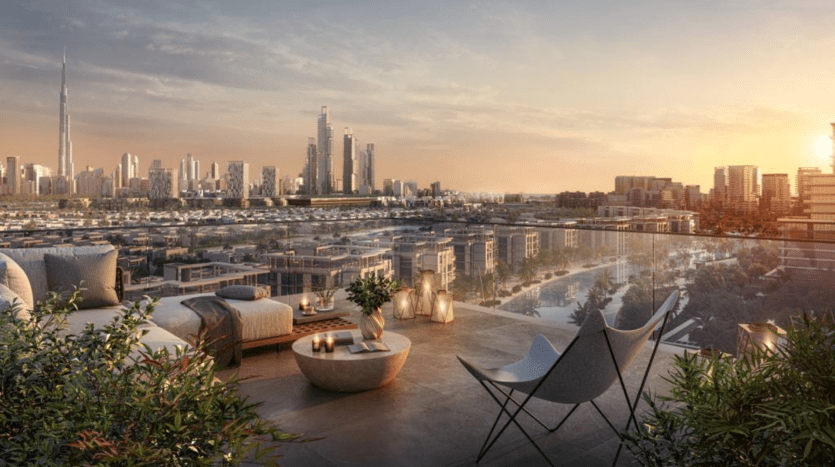 Toit-terrasse luxueux avec mobilier d'extérieur moderne surplombant les toits de la ville pittoresque au coucher du soleil à Dubaï, avec des gratte-ciel proéminents et un plan d'eau serein.