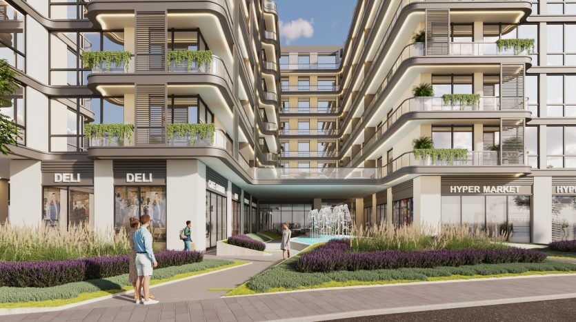 Un rendu architectural 3D dynamique d'un complexe de villas modernes à Dubaï avec des gens, des magasins dont une épicerie fine et un hypermarché, et une verdure abondante.
