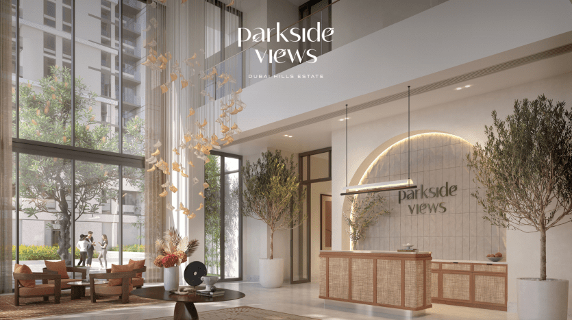 Hall d'entrée élégant offrant une vue sur le parc du Dubai Hills Estate, doté d'un haut plafond, de grandes fenêtres, d'un mobilier moderne et d'un élégant bureau de réception conçu pour l'appartement de Dubaï.