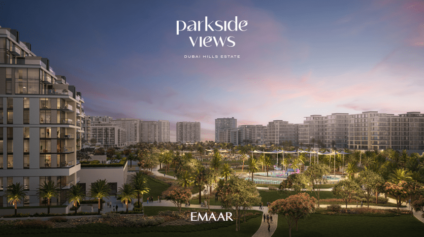 Image promotionnelle des vues sur le parc du Dubai Hills Estate, avec des bâtiments résidentiels modernes entourés d'une verdure luxuriante avec une aire de jeux au centre, sous un ciel de coucher de soleil rose et bleu vif, présenté par un AG