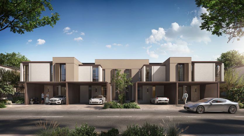 Rendu architectural d'un complexe de maisons de ville moderne à Dubaï avec plusieurs unités, chacune dotée d'aires de stationnement couvertes et d'un design contemporain, sous un ciel bleu clair.