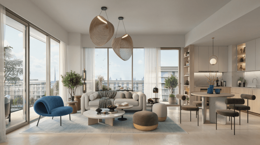 Salon moderne et spacieux avec de grandes fenêtres révélant un paysage urbain, comprenant un mélange de meubles élégants, notamment des canapés, des chaises et une variété de luminaires, dans le décor aux couleurs douces d'un appartement