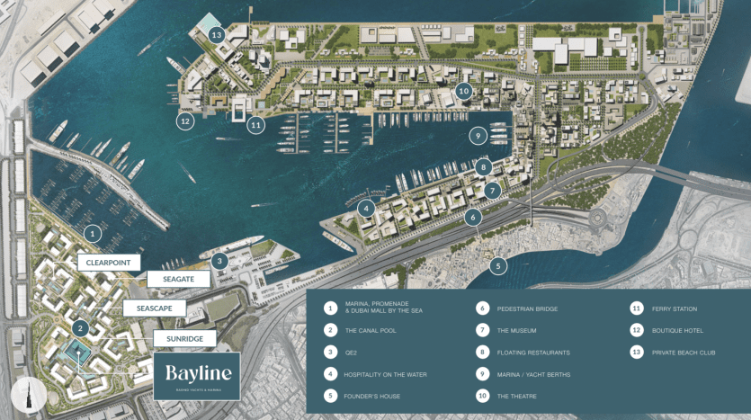 Vue aérienne d'un développement côtier appelé Bayline avec des zones étiquetées comprenant des résidences, des parcs et des équipements tels qu'un musée et un club de plage, présentant des opportunités d'investissement de premier ordre comme des appartements à Dubaï.
