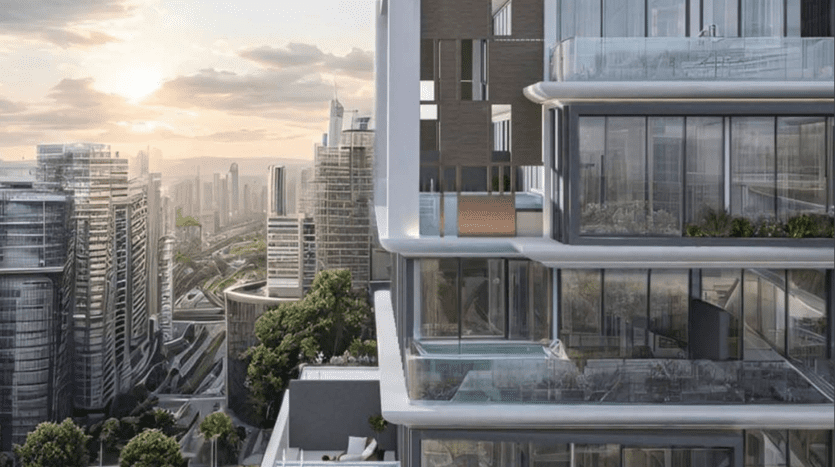 Une ligne d'horizon futuriste au coucher du soleil à Dubaï, avec des immeubles de grande hauteur avec une verdure abondante et une architecture moderne, y compris des balcons visibles et une piscine sur le toit.