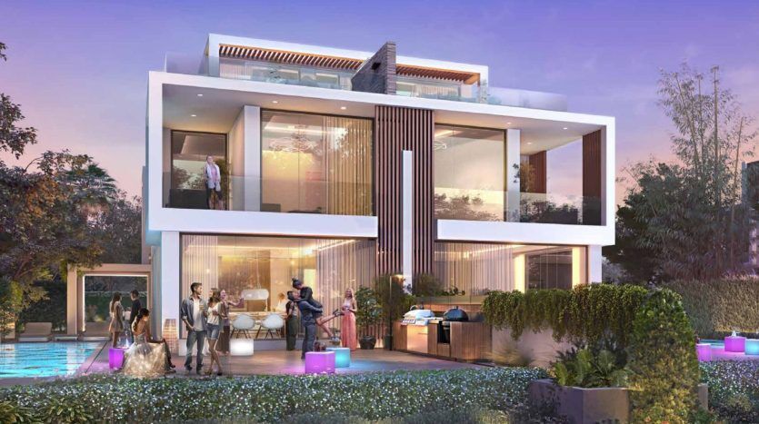 Une villa moderne de deux étages à Dubaï avec un toit-terrasse doté de grandes fenêtres et d'une piscine extérieure où plusieurs personnes discutent lors d'une soirée.