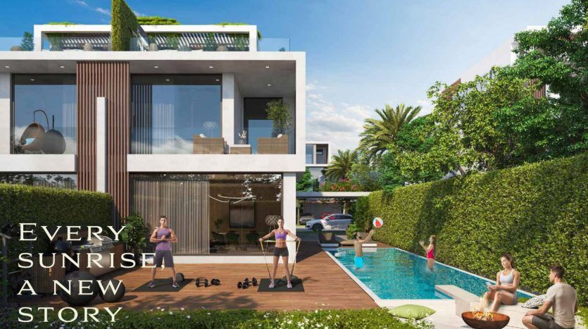 Villa moderne de deux étages à Dubaï avec un jardin sur le toit et de larges fenêtres, comprenant une cour arrière avec une piscine, des gens faisant de l'exercice et se prélassant au bord de l'eau, entourée d'une verdure luxuriante. Texte