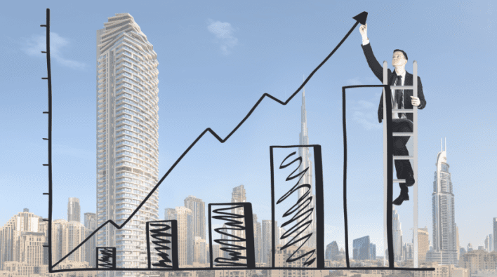 Un homme d'affaires en costume grimpe sur une échelle à côté d'un grand graphique linéaire ascendant superposé sur les toits de la ville de Dubaï, symbolisant la croissance financière ou le succès de l'immobilier de Dubaï.
