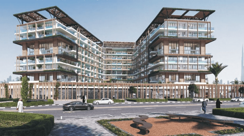 Rendu architectural d'une villa moderne à plusieurs niveaux à Dubaï avec une utilisation intensive du verre et des terrasses, entourée d'espaces paysagers et une vue sur la rue avec des piétons et des véhicules.