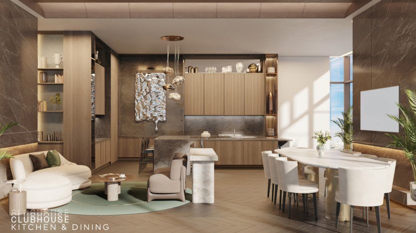 Une cuisine et un coin repas luxueux et modernes dans une villa de Dubaï avec des armoires en bois élégantes, un sol en marbre, un îlot de cuisine proéminent et un élégant luminaire suspendu. Le salon attenant dispose de sièges élégants et confortables.