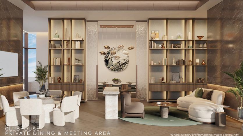 Découvrez un luxueux espace de restauration et de réunion au décor moderne à Dubaï, comprenant des étagères élégantes, une grande œuvre d'art centrale, des meubles élégants, des accents en bois et un éclairage d'ambiance. Texte sur l'image : « Salle de restauration et de réunion privée du Clubhouse à Dubaï.