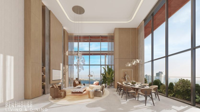 Luxueux salon et salle à manger penthouse avec une décoration moderne, de grandes baies vitrées offrant une vue sur la ville, un mobilier élégant et un éclairage d'ambiance, parfaits pour être mis en valeur via votre agence immobilière de Dubaï.