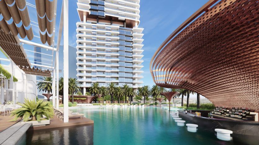 Une scène luxueuse au bord d'une piscine à Dubaï avec des bâtiments architecturaux modernes, avec de vastes plans d'eau, des palmiers et un bar élégant sous un auvent sculptural en cuivre.