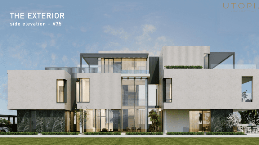 Une villa moderne et luxueuse de deux étages à Dubaï avec de grandes fenêtres, des balcons et des murs extérieurs rehaussés de marbre. Cour avant paysagée sous un ciel dégagé, étiquetée "L'élévation latérale EXTÉRIEURE - V75" avec un logo "UTOPI" dans le coin.