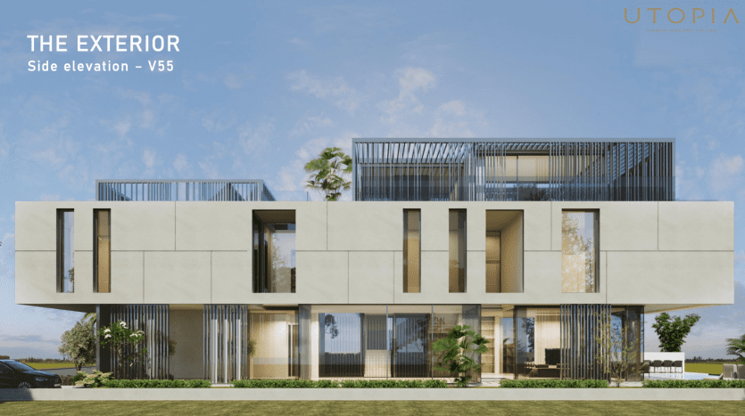 Rendu architectural d'une maison moderne labellisée « l'élévation latérale extérieure - v55 » avec le branding utopia par une agence immobilière de Dubaï, comprenant un bâtiment à plusieurs étages avec de grandes fenêtres,