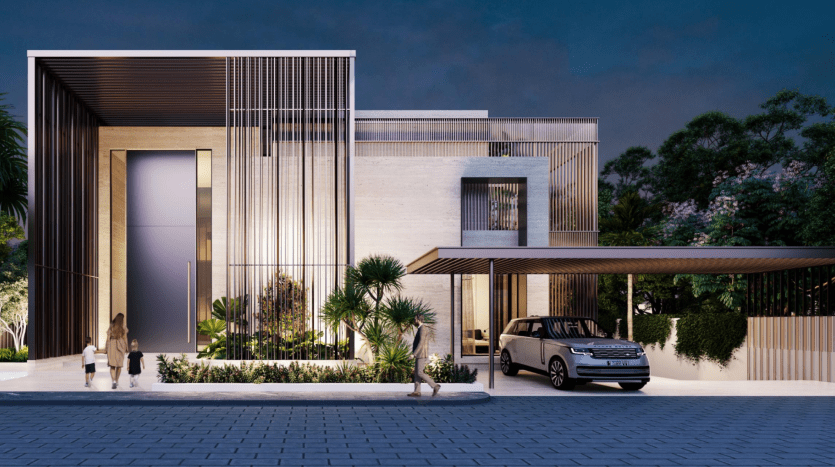 Maison moderne de deux étages à l'architecture minimaliste, présentant des lignes épurées et un mélange de lattes de bois et de façades en pierre lisse. On voit une famille se diriger vers l'entrée tandis qu'une voiture est garée sous un parking adjacent.
