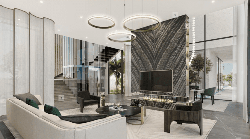 Salon moderne au design minimaliste, doté d'un mur en marbre noir avec cheminée intégrée, d'un escalier élégant, de suspensions circulaires et de grandes fenêtres donnant sur une piscine dans une villa exclusive à Dubaï.