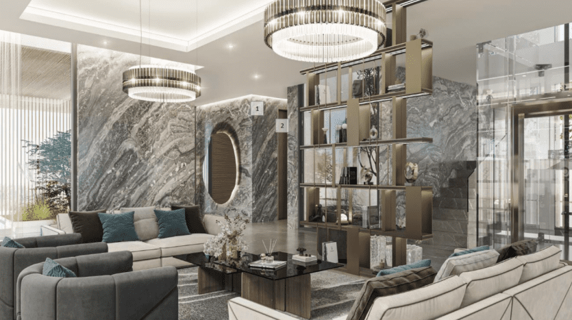 Salon moderne et luxueux avec d'élégants canapés gris, une table basse élégante et de grands murs en marbre. La pièce dispose de lustres circulaires uniques et d'une étagère de décoration haut de gamme, parfaitement adaptée à un