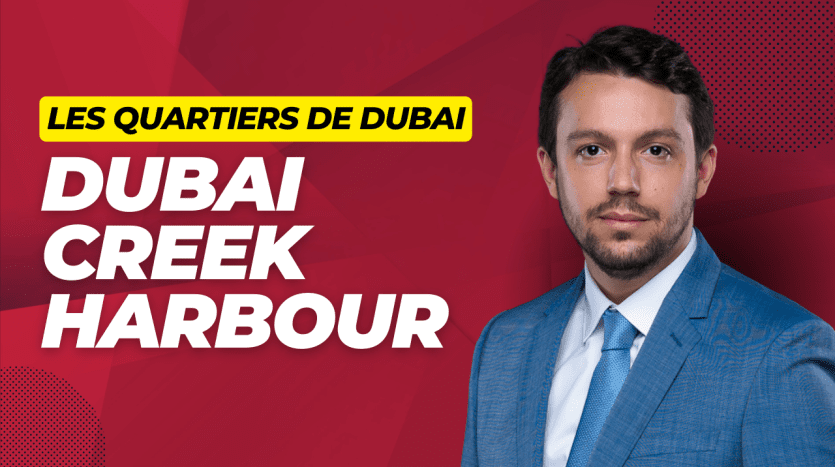 Un homme professionnel en costume se tient avec confiance sur un fond rouge vif avec les textes « Les Quartiers de Dubaï » et « Appartement Dubaï ».