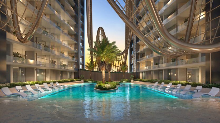Espace piscine luxueux de l'hôtel flanqué de bâtiments modernes incurvés avec un aménagement paysager verdoyant et des chaises longues élégantes, mis en valeur par une pièce maîtresse de sculpture artistique au crépuscule dans le cadre exclusif d'une villa de Dubaï.