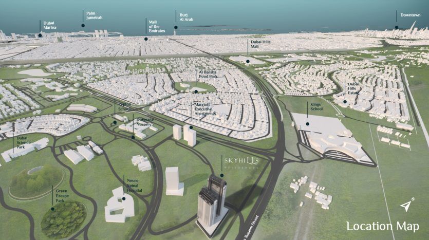 Vue aérienne 3D d'une carte de localisation détaillée indiquant différents quartiers, monuments et bâtiments majeurs dans un paysage urbain moderne de Dubaï, étiquetée avec des noms de zones spécifiques et des points d'intérêt clés.
